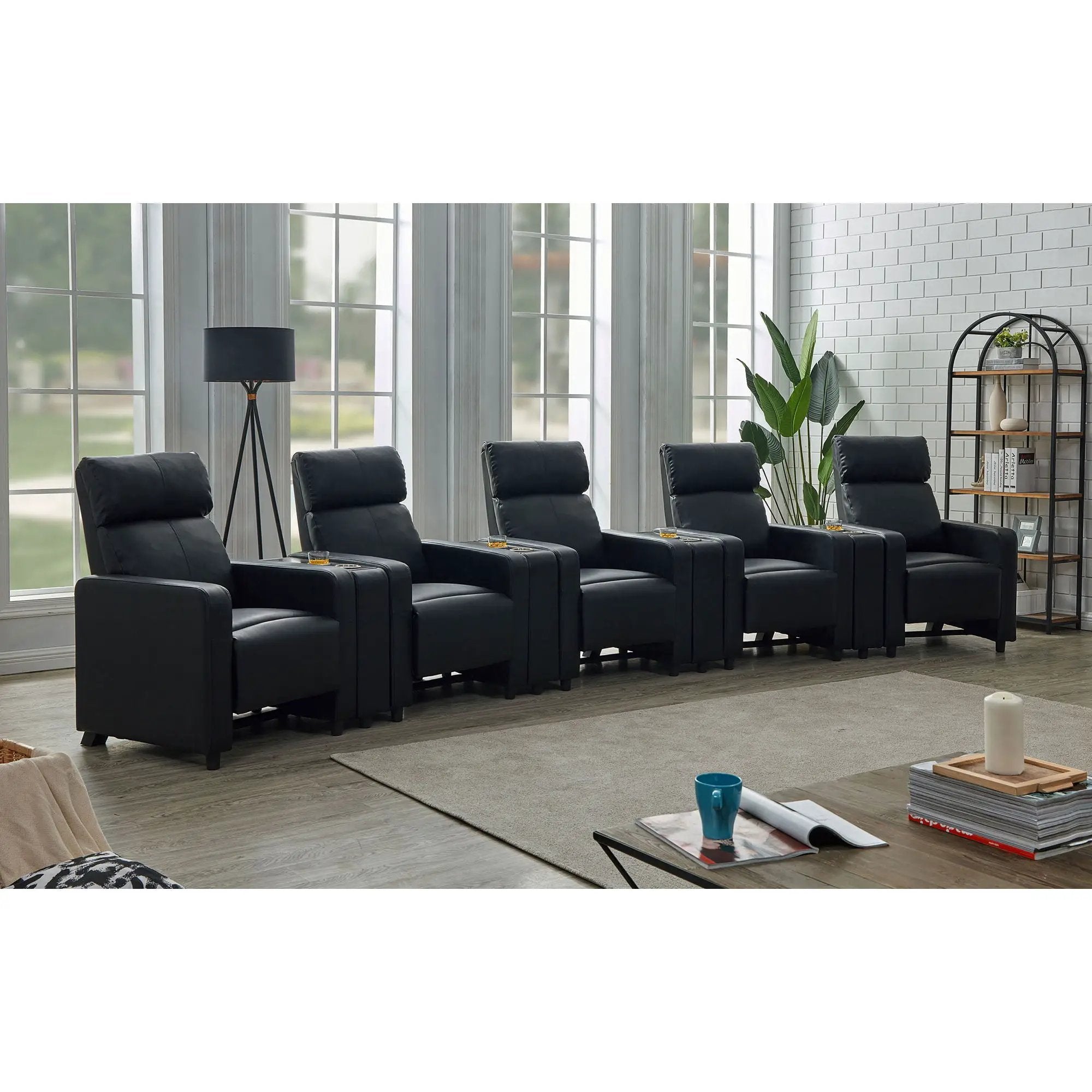 Warren - 5 Seater Home Theater With 4 Wedge Consoles Recliners And Storage Consoles - Black by HouseOfZazla