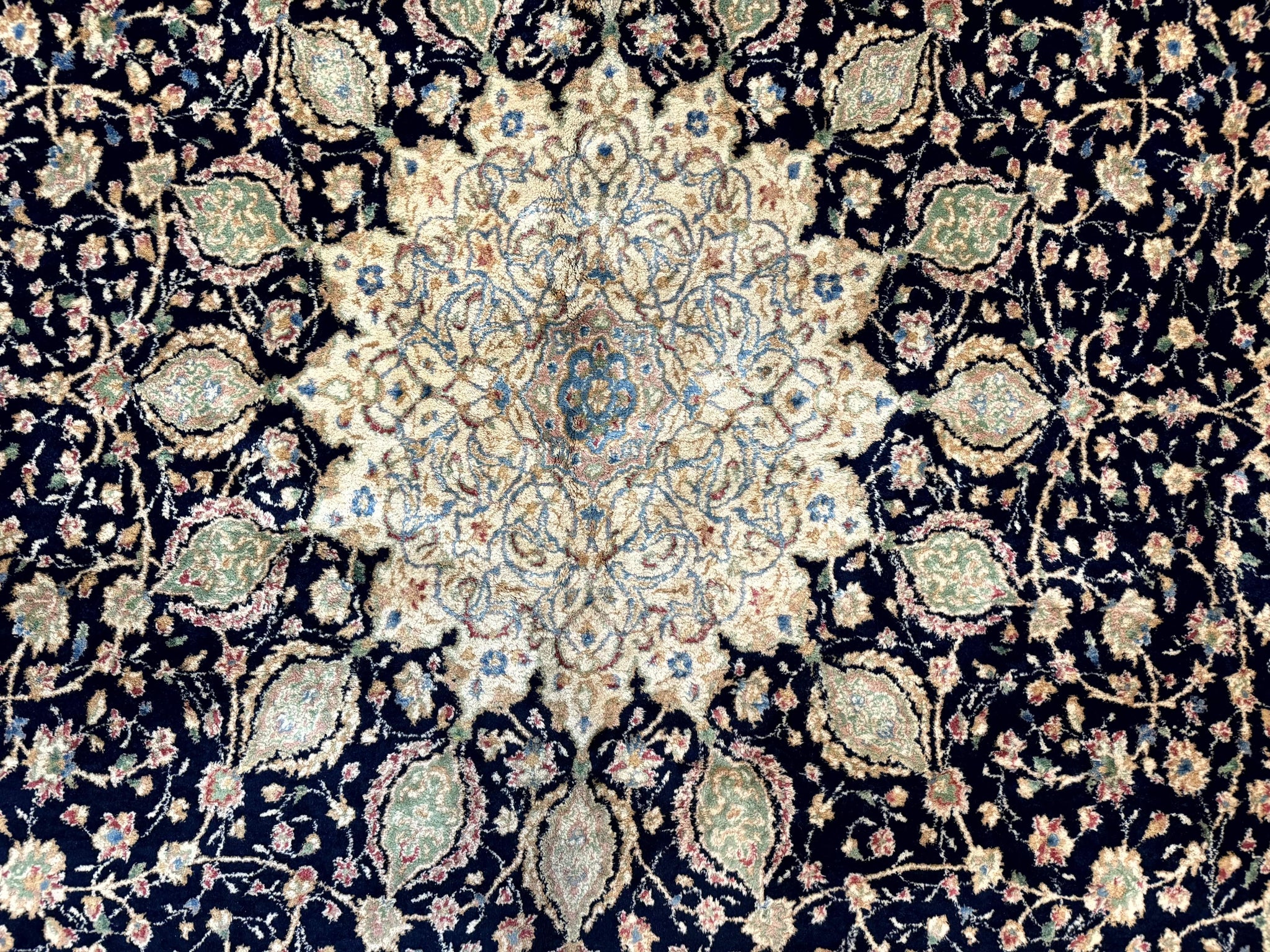 Large Persian Kerman Rug 10x14, Navy Blue and Beige, Floral Medallion, Traditional Elegant Persian Carpet, Signed by Masterweaver by Jewel Rugs