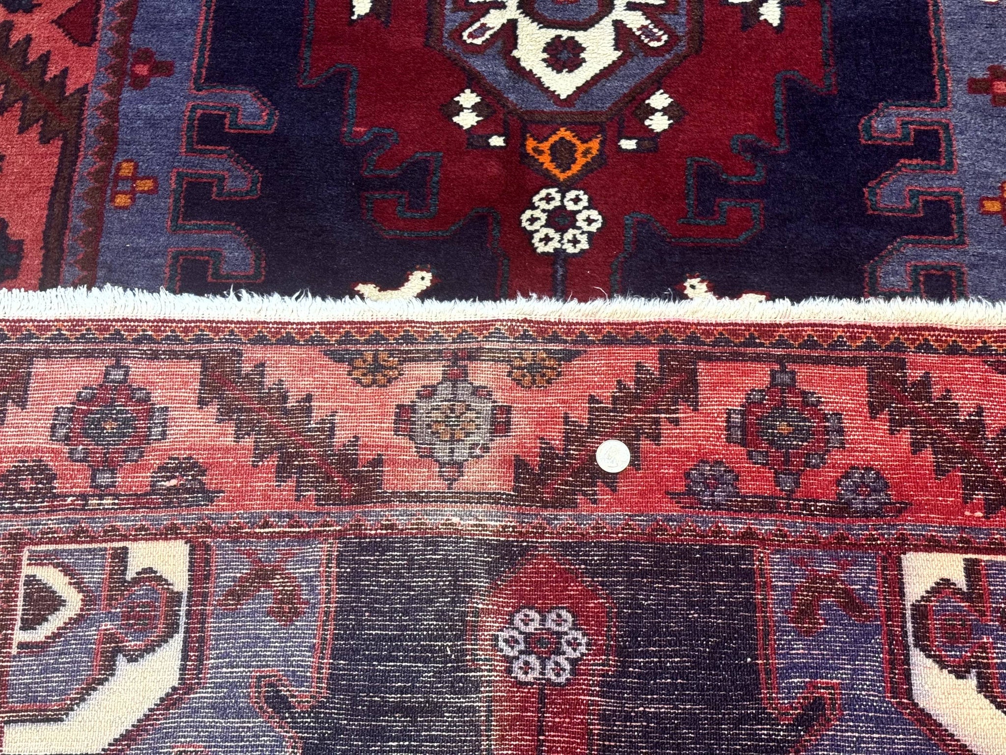 Persian Karajeh Runner Rug 3.6 x 9.5, Geometric Medallions, Tribal Village Rug, Navy Blue, Handmade by Jewel Rugs