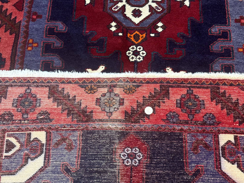 Persian Karajeh Runner Rug 3.6 x 9.5, Geometric Medallions, Tribal Village Rug, Navy Blue, Handmade by Jewel Rugs