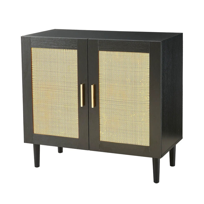 Side Panel Buffet Cabinet With Natural Rattan Door, Rattan Storage Cabinet With Adjustable Shelves, Side Panel And Buffet With Storage Space, Modern Console Cabinet In Bedroom And Living Room - Black / Beige by HouseOfZazla