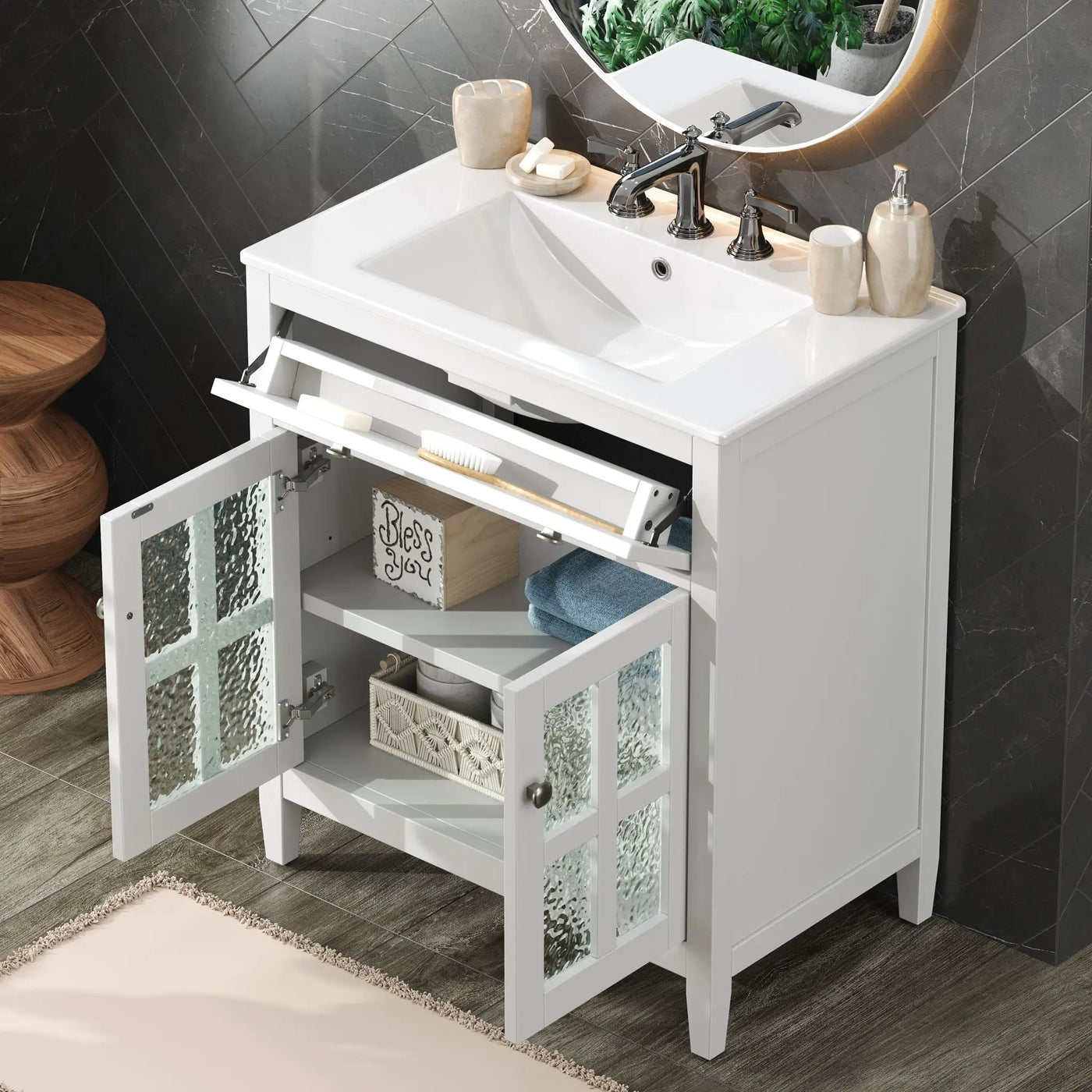 Bathroom Vanity With Ceramic Sink, Adjustable Shelf & Tip Out Tray by HouseOfZazla
