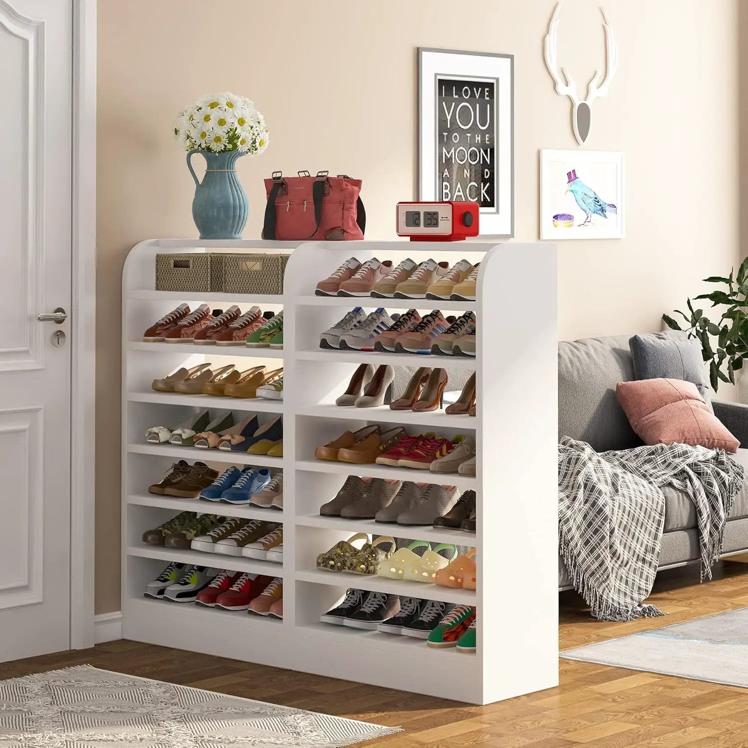 8 Tier Tall Shoe Rack, Wooden Shoe Storage Cabinet, Entryway Organizer - White by HouseOfZazla