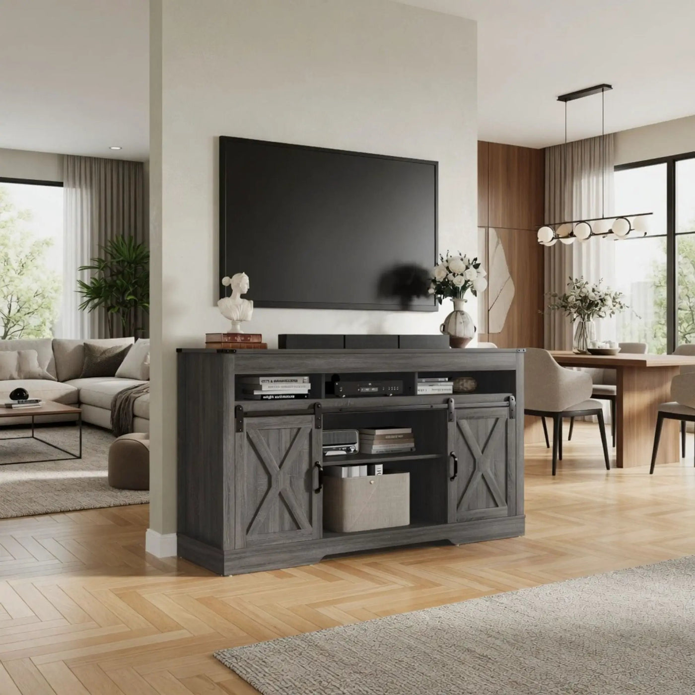 Farmhouse TV Stand With Sliding Barn Doors & Adjustable Storage by HouseOfZazla