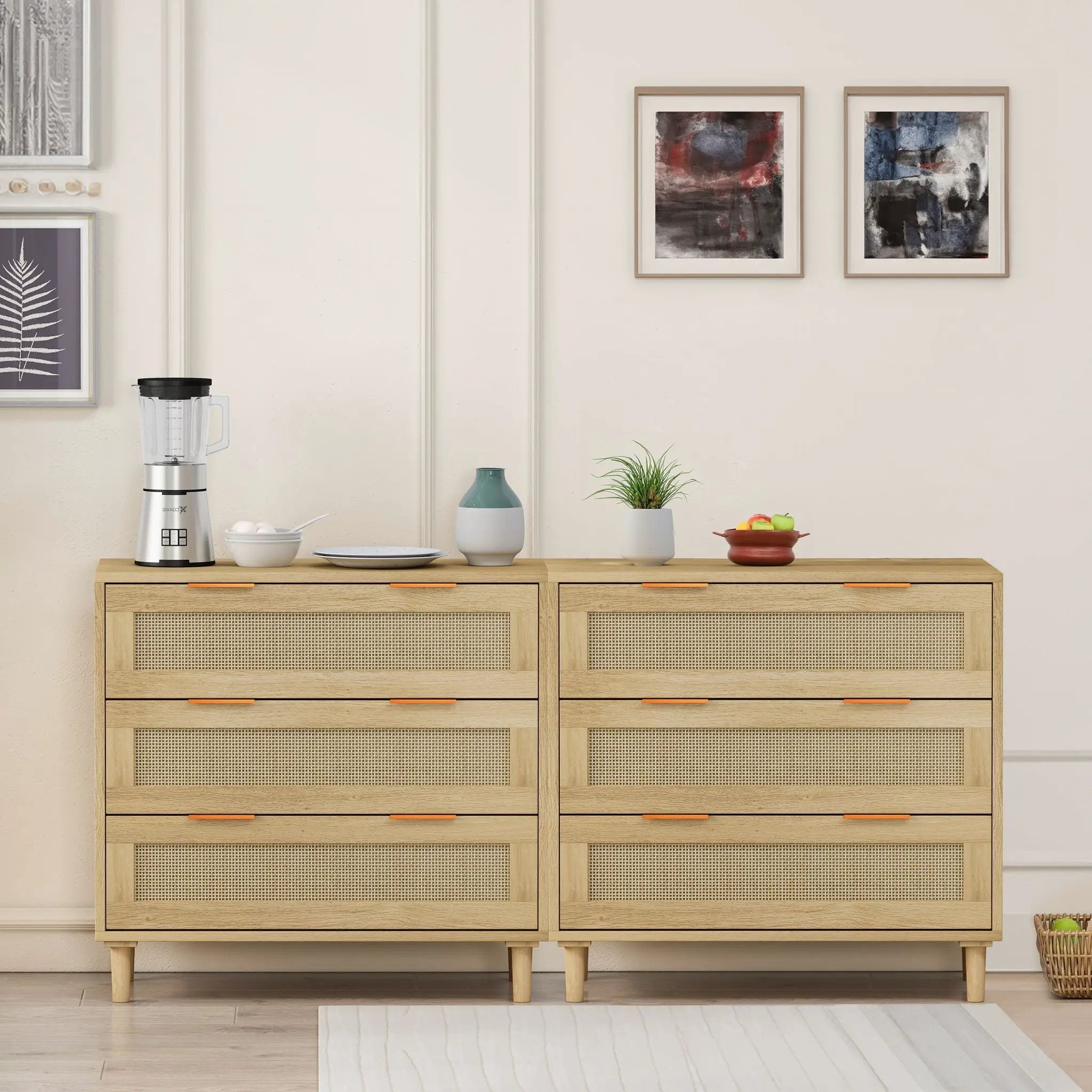 3 Drawers Rattan Storage Cabinet Rattan Drawer, For Bedroom, Living Room, Dining Room, Hallways (Set of 2) - Oak by HouseOfZazla