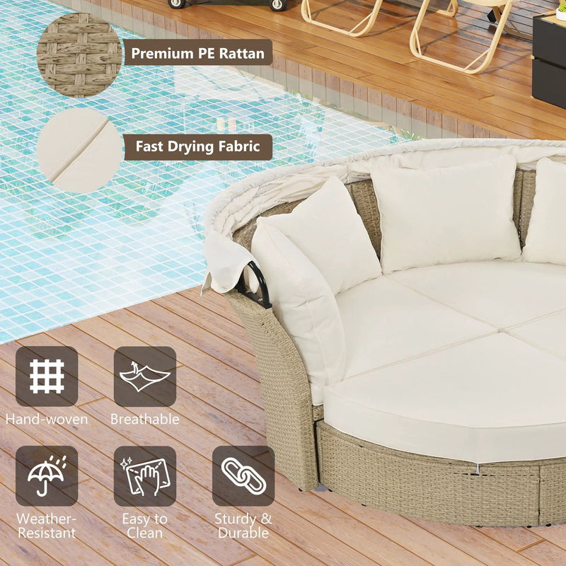 Outdoor Patio Daybed Wicker Rattan Double Daybed Round Sofa Furniture Set With Retractable Canopy, 4 Pillows For Lawn Garden by Unique Piece Furniture