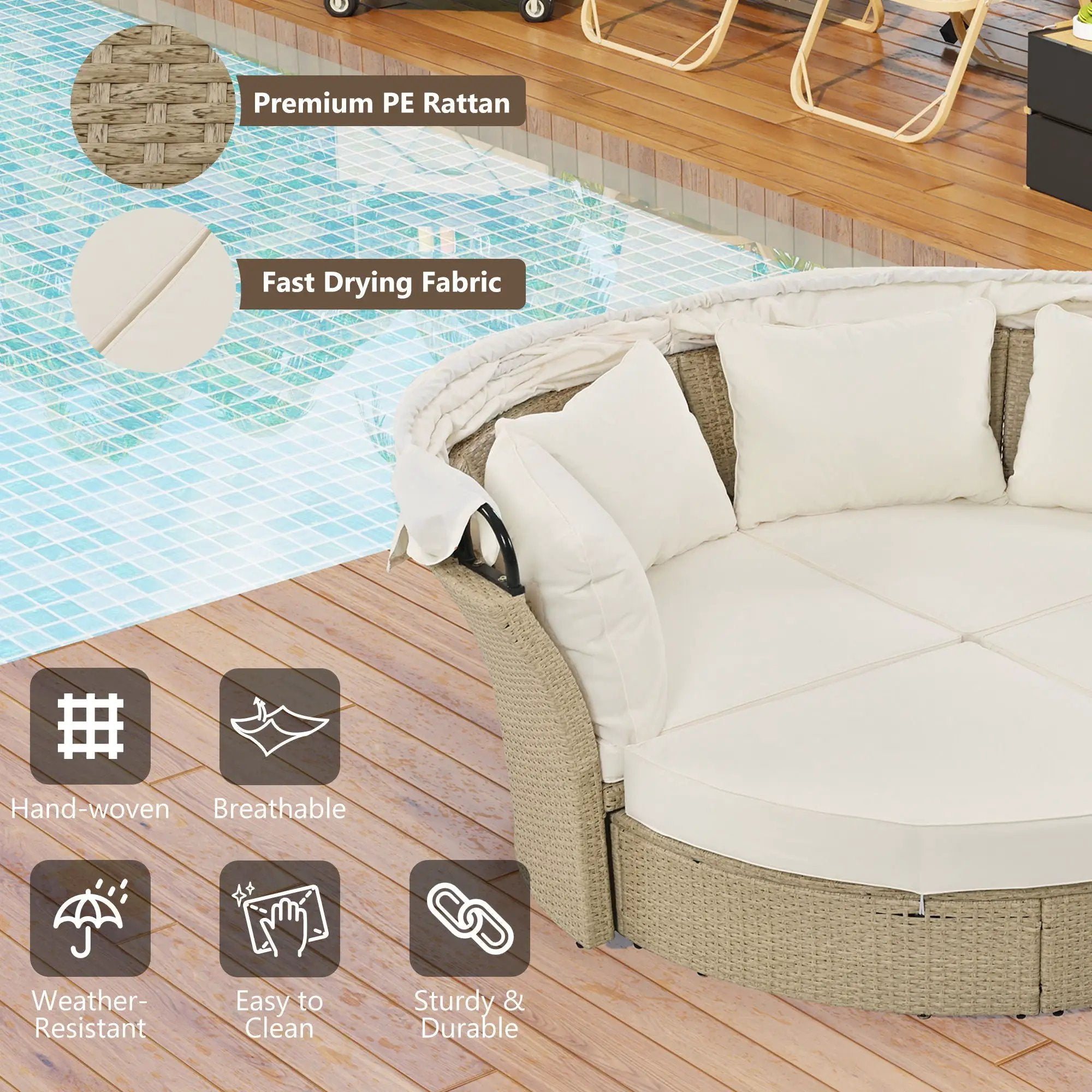 Outdoor Patio Daybed Wicker Rattan Double Daybed Round Sofa Furniture Set With Retractable Canopy, 4 Pillows For Lawn Garden by HouseOfZazla
