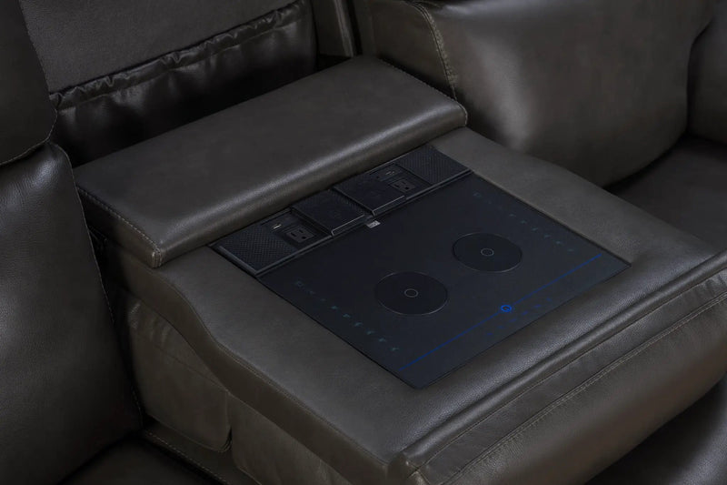 Leon - Power Sofa Recliner With Power Headrest, Power Lumbar, Heat And Massage (Dropdown Table With Smart Tabletop Control) - Smokey Gray by Unique Piece Furniture