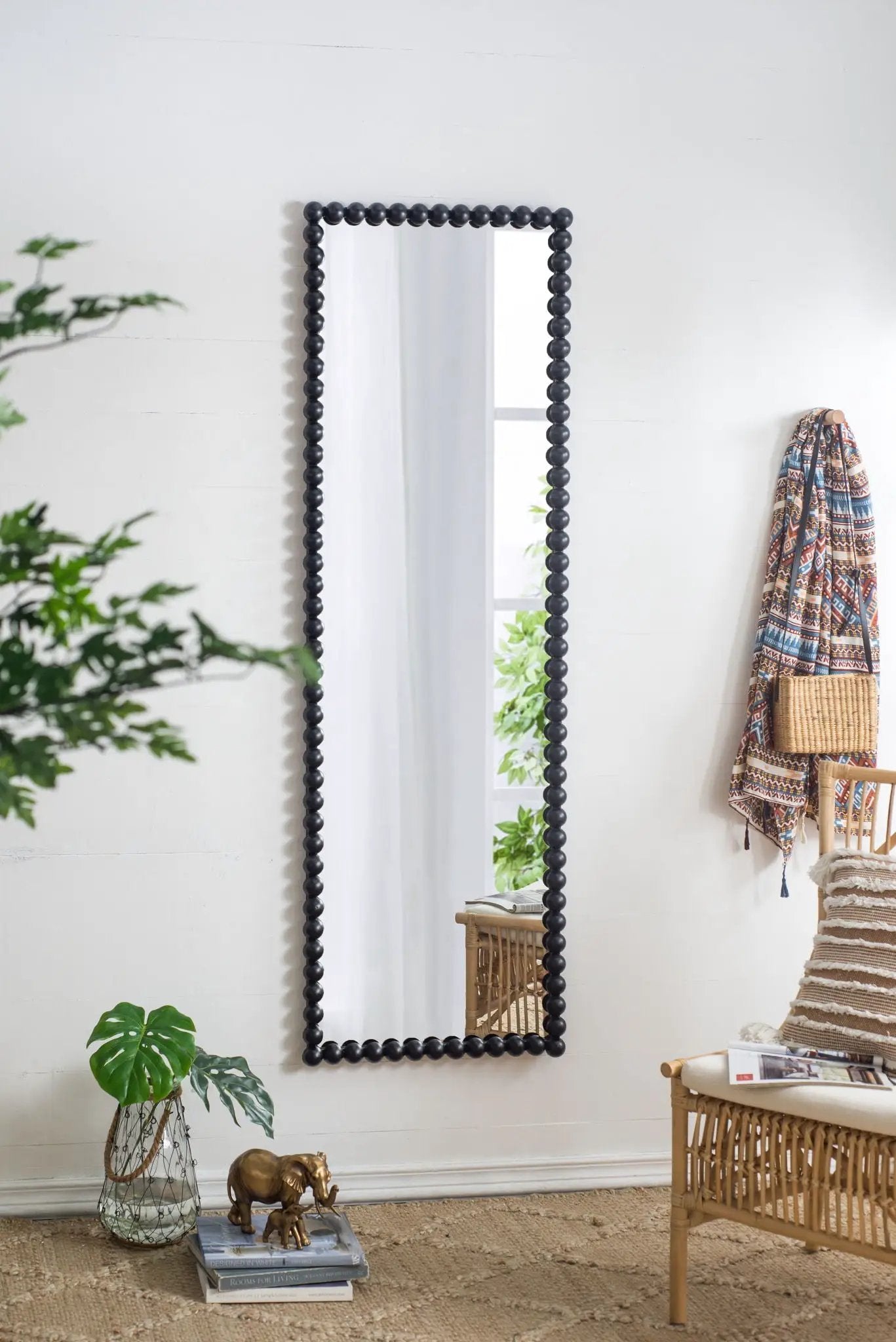 Full Length Mirror With Metal Beaded Frame, Rectangular Oversized Mirror For Living Room Bedroom - Black by HouseOfZazla