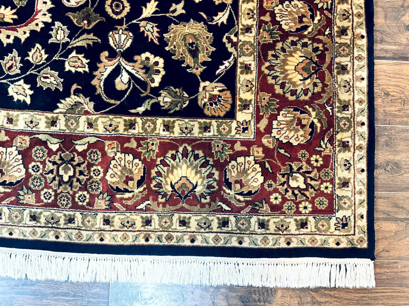 Indo Persian Rug 8x10, Navy Blue and Red, Floral Allover, Hand Knotted Vintage Wool Carpet, Indo Sarouk by Jewel Rugs