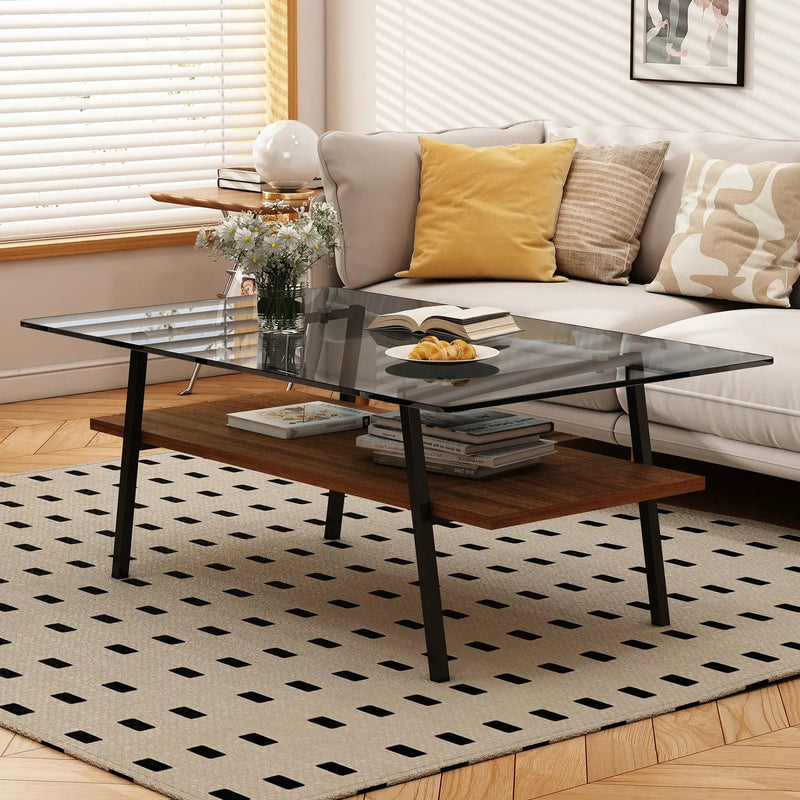 Rectangle Coffee Table, Tempered Glass Tabletop With Metal Legs by HouseOfZazla