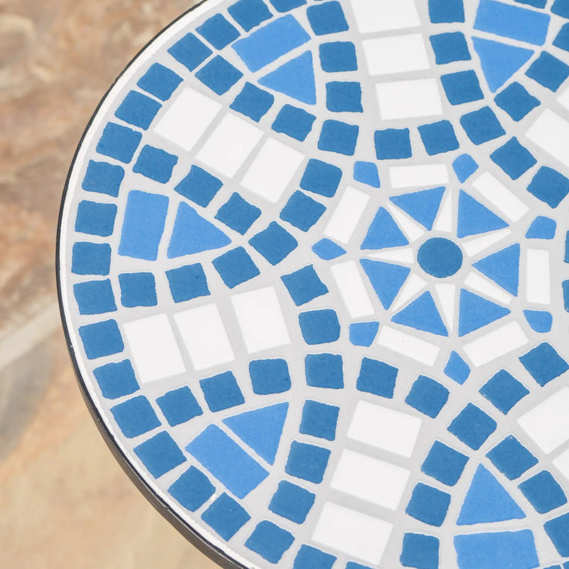 Outdoor Round Side Table With Mosaic Style Top And Curved Iron Legs - Blue / Matte Black by HouseOfZazla