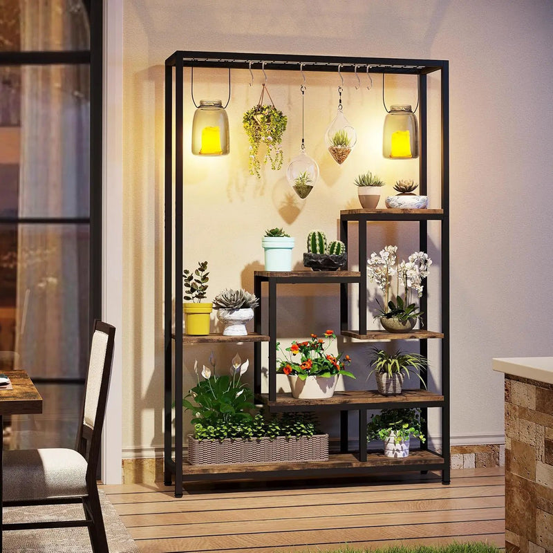5 Tier Plant Stand With 6 Hooks For Living Room - Brown / Black by HouseOfZazla