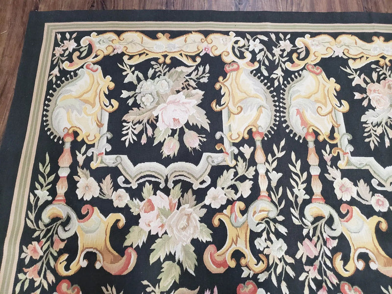 Vintage Black Aubusson Area Rug 8x10, Large Flowers Chinese Aubusson Carpet 7.9 x 10, Wool Hand-Knotted Floral Pattern Flat Weave Rug Nice by Jewel Rugs