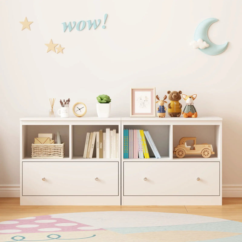 Toy Storage Organizer With Large Drawer And Low Bookshelf For Nursery & Playroom - White by HouseOfZazla