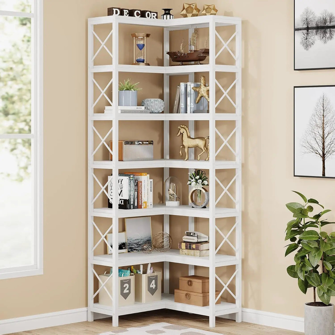 7 Tier Corner Bookshelf, Storage Unit For Living Room by HouseOfZazla
