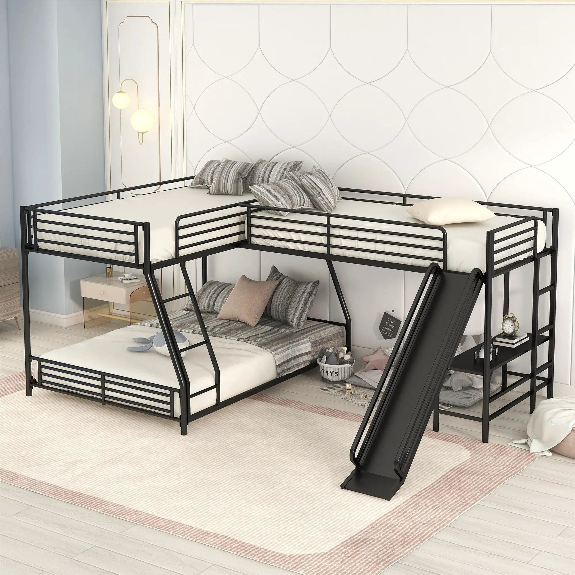 L-Shaped Twin Over Full Bunk Bed With Twin Loft, Built In Desk And Slide - Black by Unique Piece Furniture