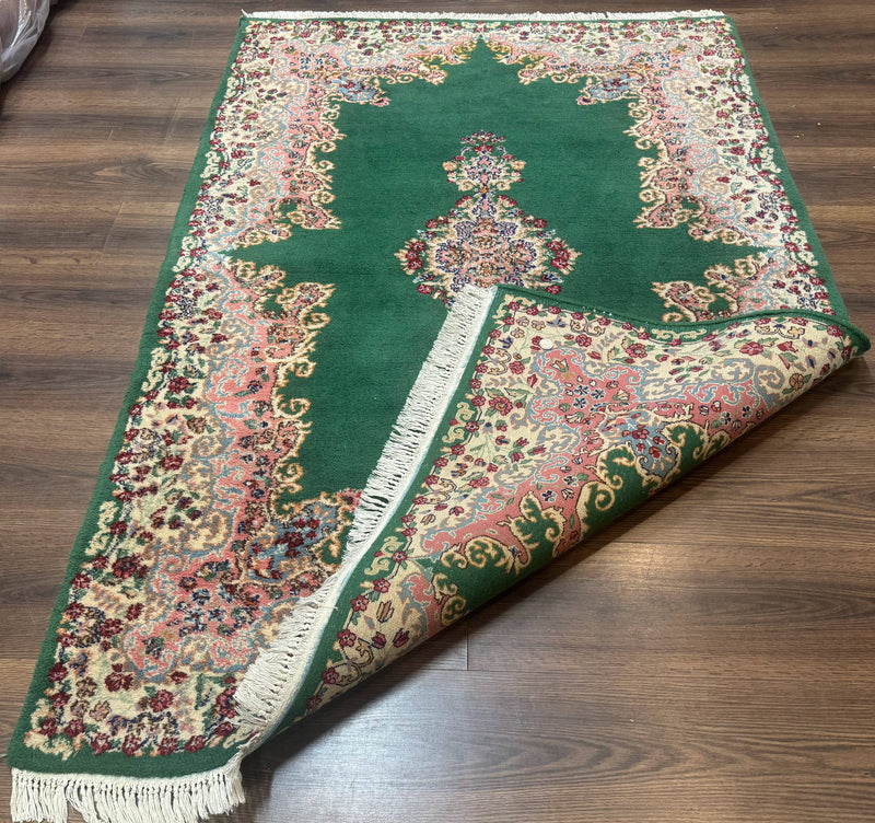 Green Persian Kerman Rug 4x6, Semi Open Field, Green & Cream, Vintage by Jewel Rugs