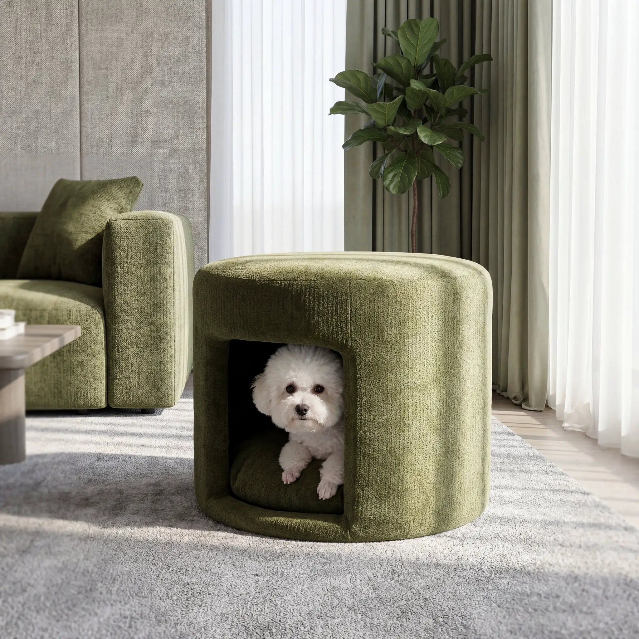 Green Pet Friendly Ottoman with Removable Pet Cushion and Hidden Pet Nook by HouseOfZazla