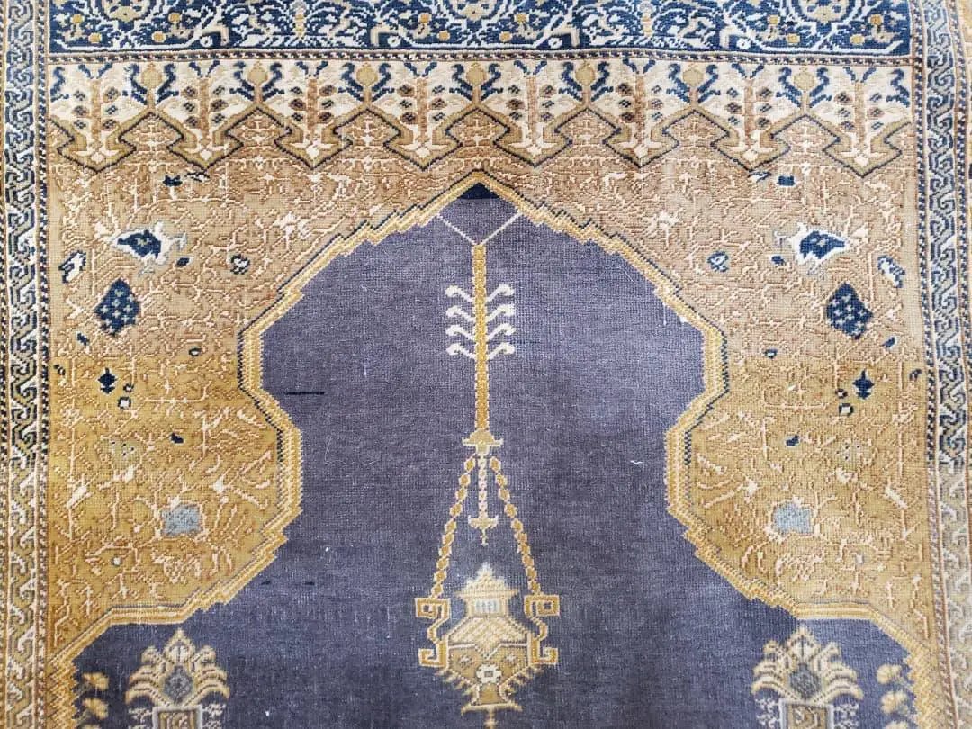 Rare Turkish Ghiordes Prayer Rug 4 x 5.8 ft, Late 19th Century Turkish Oriental Carpet, Mehrab Antique Prayer Rug, Museum Quality, Blue, Tan by Jewel Rugs