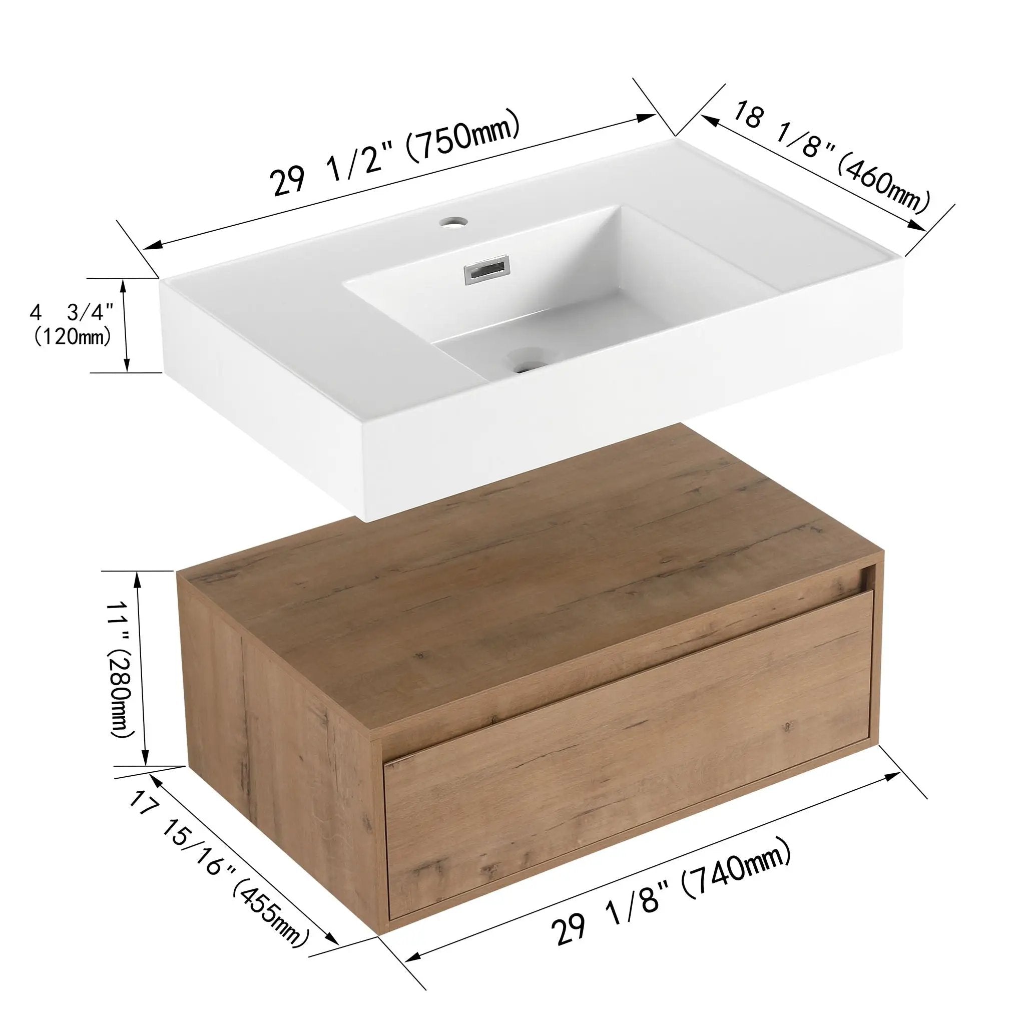 Wall Mounted Bathroom Vanity With Resin Sink And Soft Close Drawer In Imitative - Imitative Oak by HouseOfZazla
