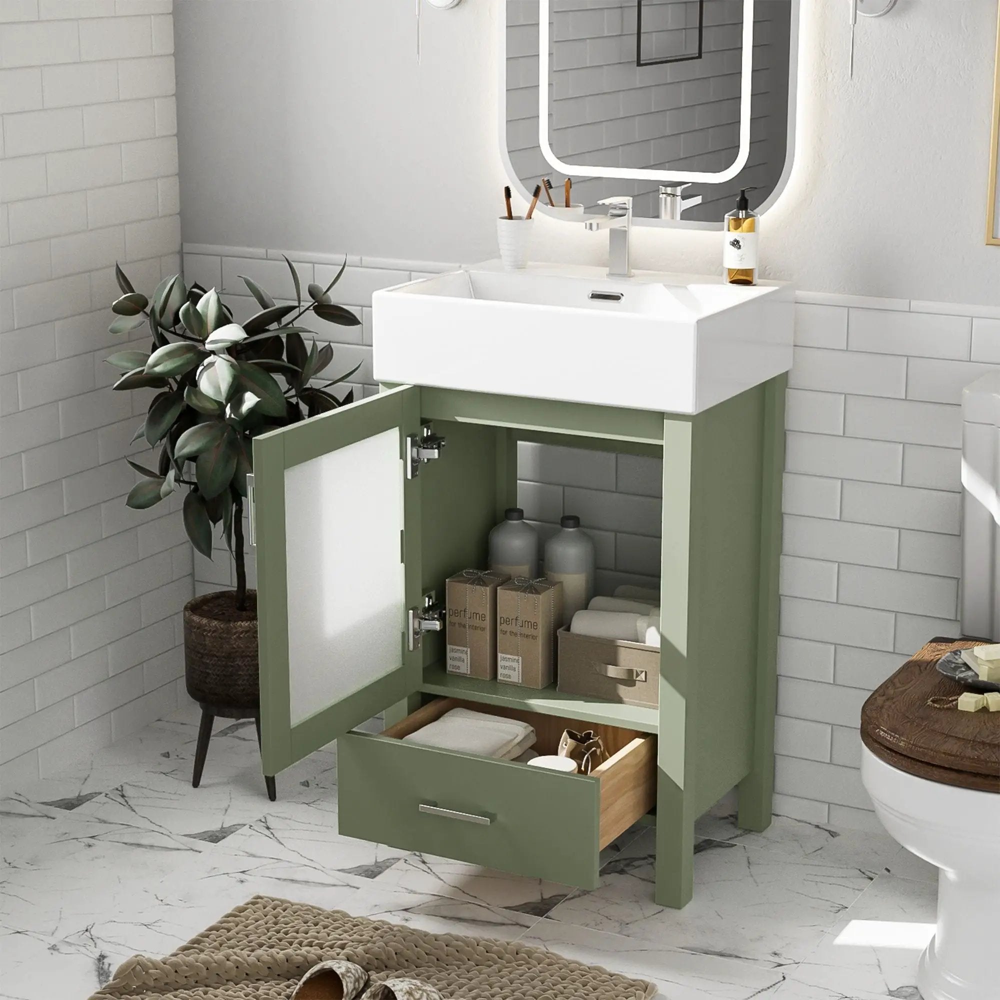 Bathroom Vanity With Ceramic Sink And Ample Storage, Ideal For Small Bathrooms by HouseOfZazla