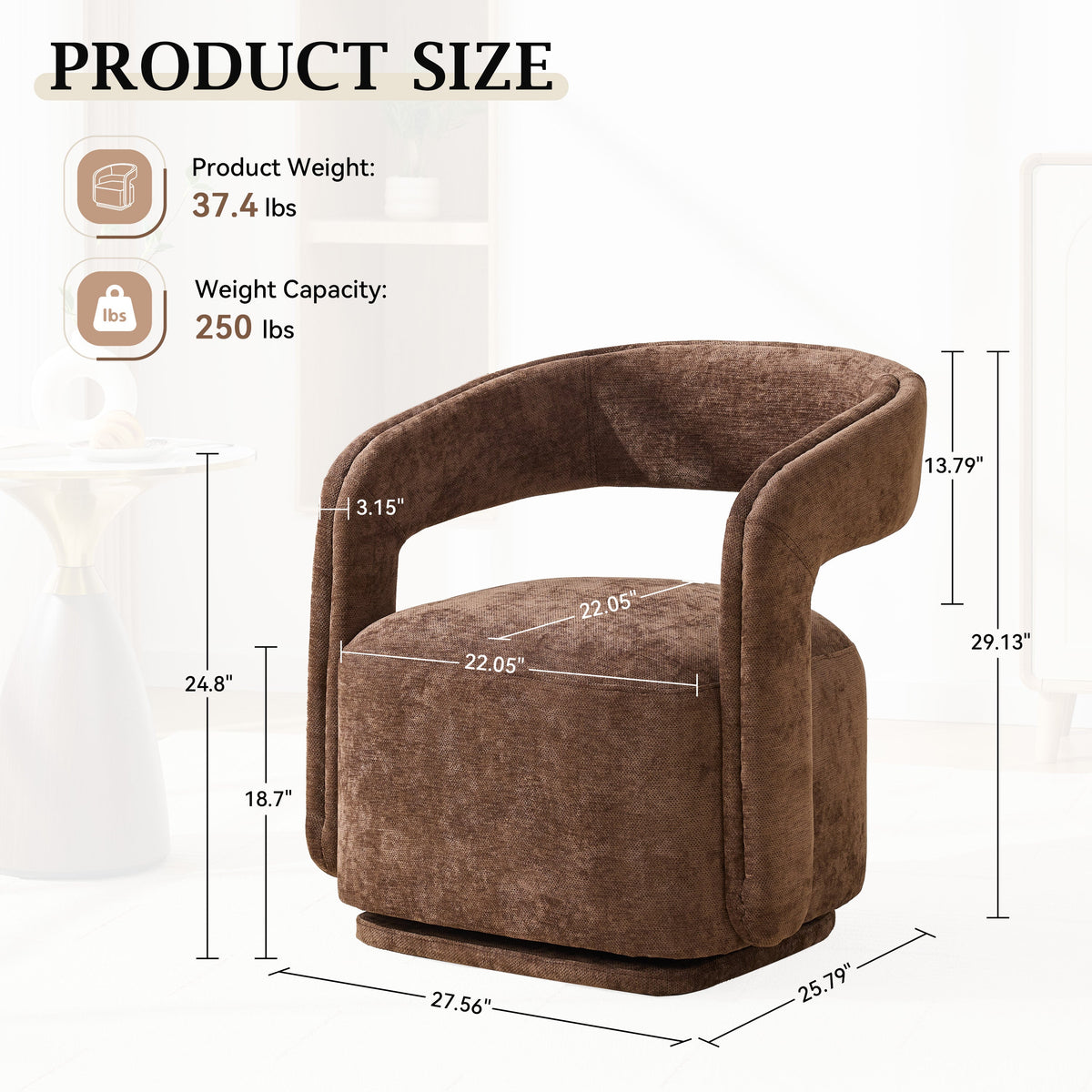 065-Chenille Fabric Swivel Accent Armchair, Comfy Barrel Leisure Chair With Curved Backrest, Upholstered Reading Chair With, photo 2 of 9