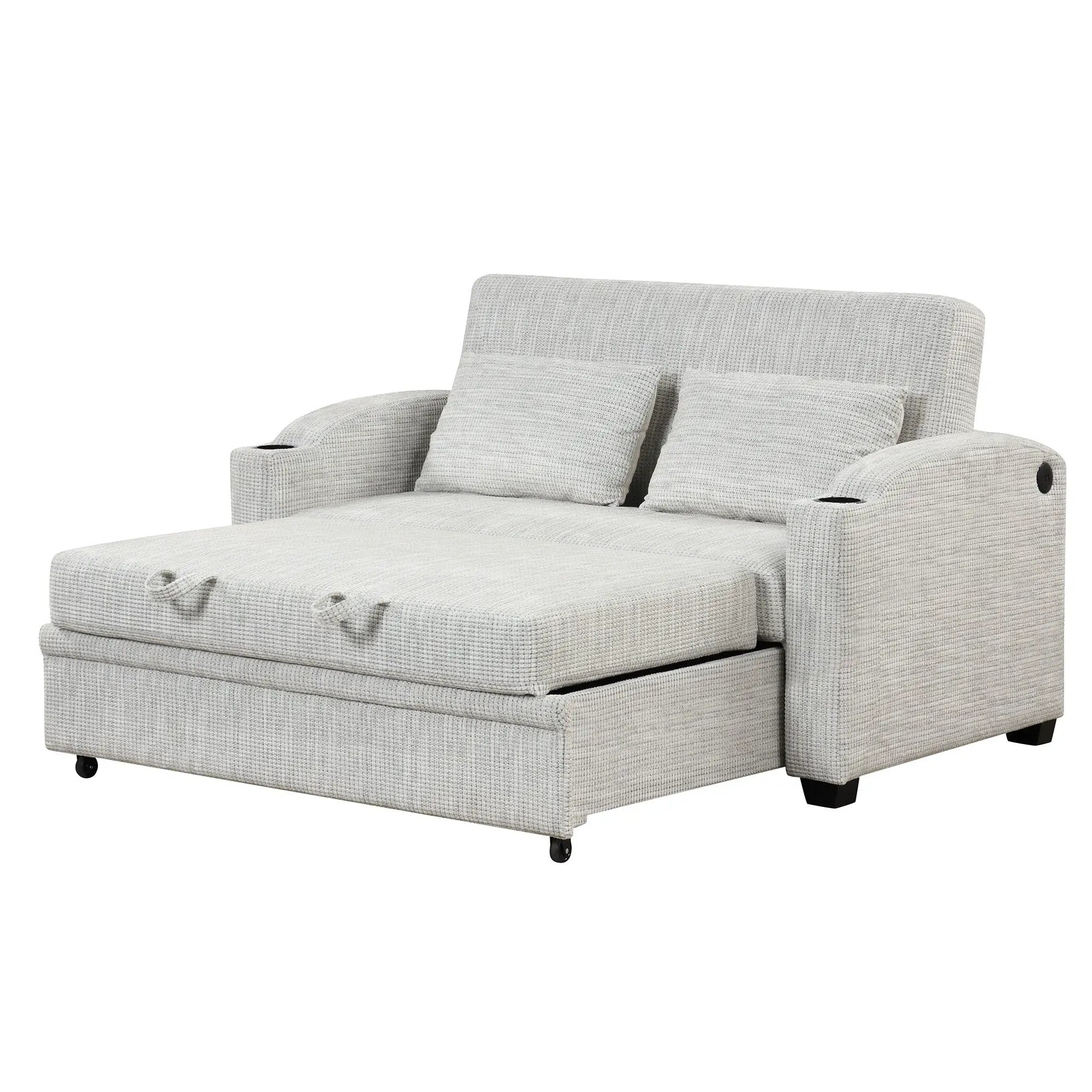 Pull Out Loveseat Sofa With Adjsutable Backrest, 2 Pillows, Cup Holders, USB Ports For Living Room by HouseOfZazla