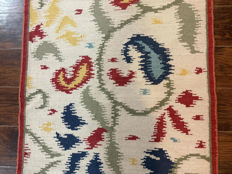 Indian Kilim Flatweave Rug 3x5, Abstract, Beige and Multicolor Flowers, Handmade by Jewel Rugs
