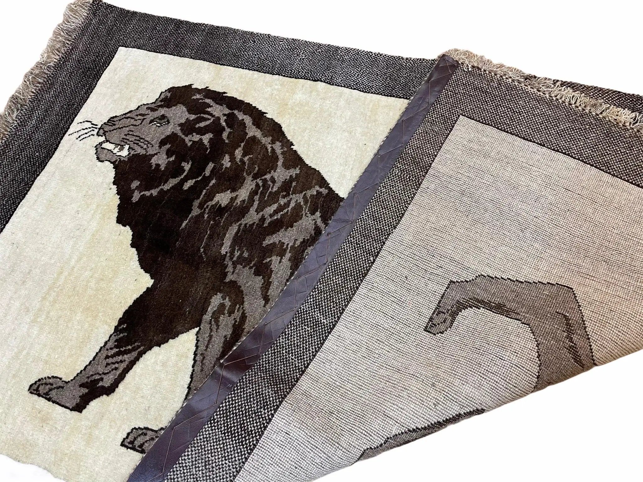 3 x 5 Handmade Rug Brown Beige Hand-Knotted Lion Rug New Vintage Quality Animal by Jewel Rugs