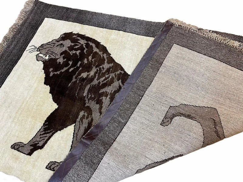 3 x 5 Handmade Rug Brown Beige Hand-Knotted Lion Rug New Vintage Quality Animal by Jewel Rugs