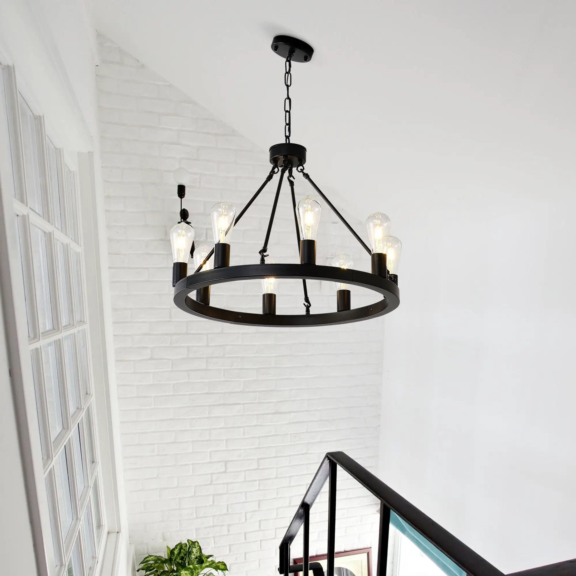 6 Light (No Bulbs) Wagon Wheel Chandelier Farmhouse Modern Small Round Chandelier For Living Room Kitchen Island Foyer Hallway Entryway Bedroom Dining Room Light Fixture Ceiling Hanging - Matte Black by HouseOfZazla