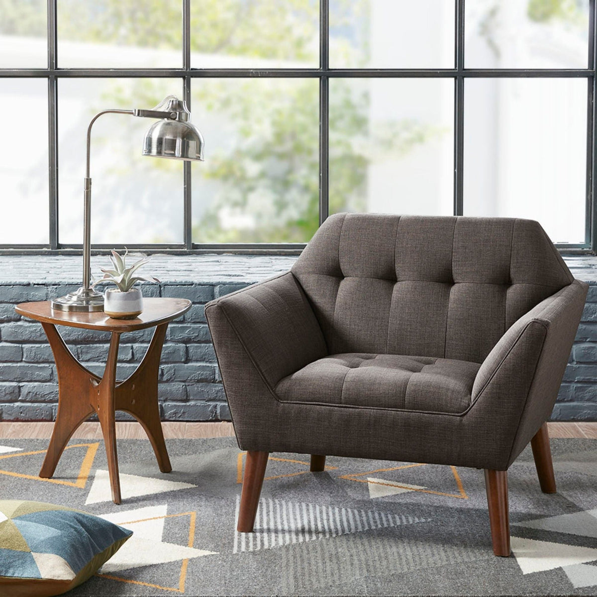 Modern Lounge Chair with Button Tufting – Pecan Wood Legs, photo 33 of 40