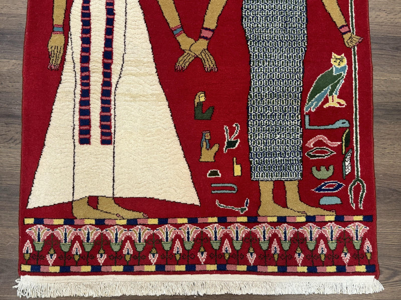 Egyptian Pictorial Rug 3x4, Hieroglyphic Pictorial Rug, Egyptian Prince and Princess, Cleopatra, Vintage Handmade, Red by Jewel Rugs