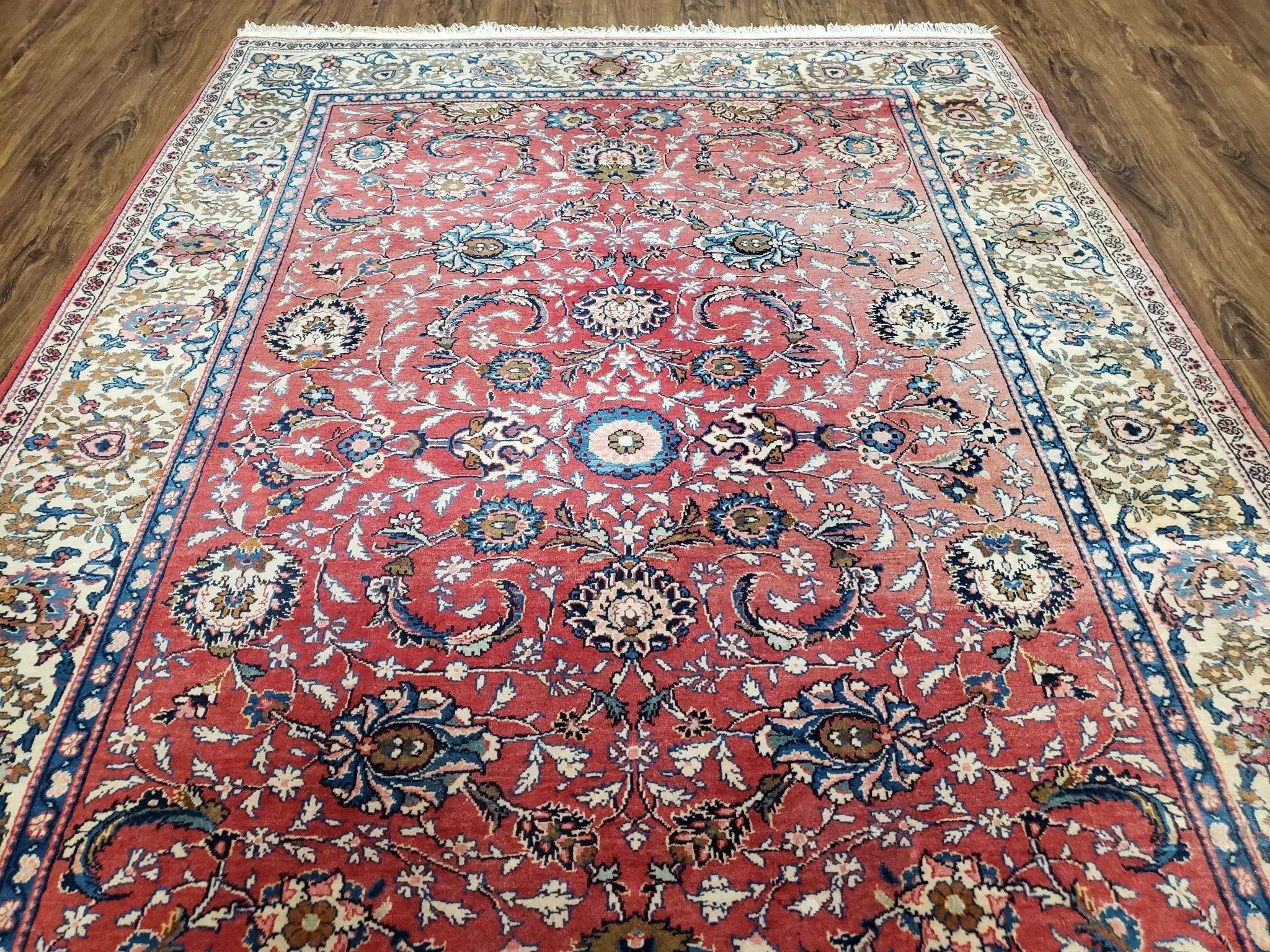 Semi Antique Persian Kashan Rug, Red & Beige, Hand-Knotted, Wool, 4'7" x 6' 6", Pair B by Jewel Rugs