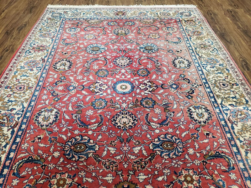 Semi Antique Persian Kashan Rug, Red & Beige, Hand-Knotted, Wool, 4'7" x 6' 6", Pair B by Jewel Rugs
