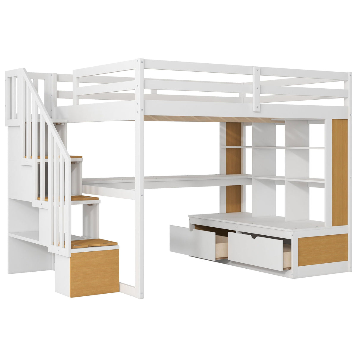 Full Size Loft Bed with Desk, Drawers & Storage Staircase - Natural / White, photo 7 of 13