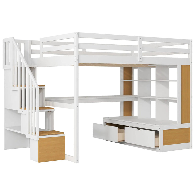 Full Size Loft Bed With Desk And Shelves, 2 Built In Drawers, Storage Staircase - Natural / White by HouseOfZazla