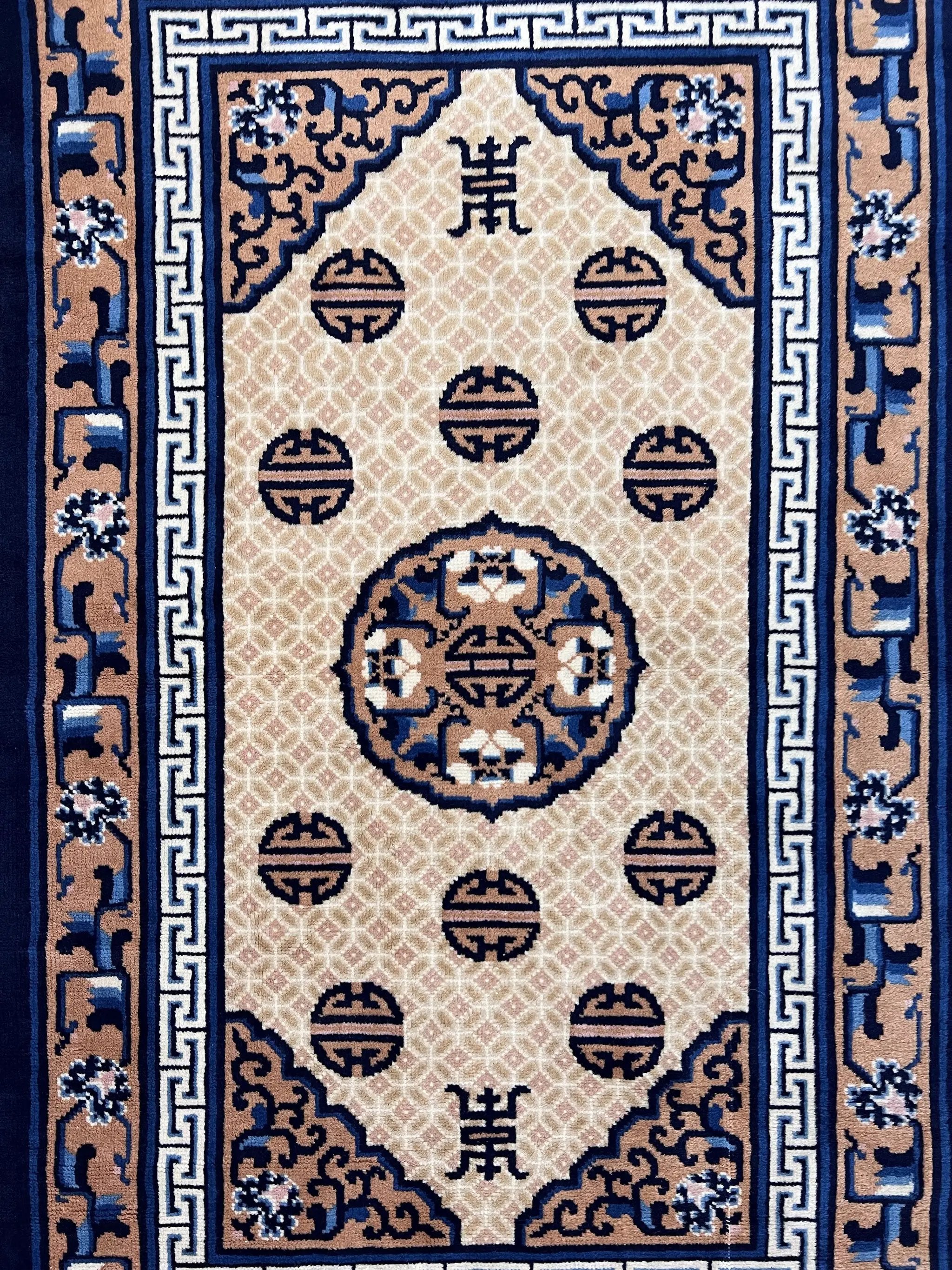 Chinese Peking Rug 3x5, Antique Chinese Art Deco Carpet, Blue Ivory Tan, Hand Knotted Wool Asian Oriental Rug 3 x 5 Vintage Small Peking Rug by Jewel Rugs