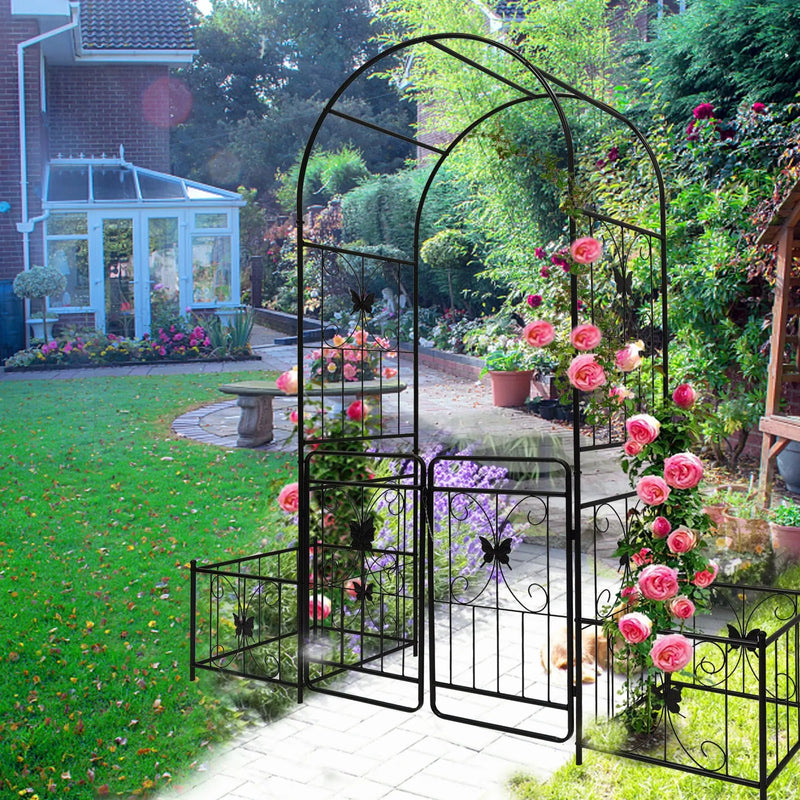 Metal Garden Arch With Gate High Climbing Plants Support Rose Arch Outdoor - Black by HouseOfZazla