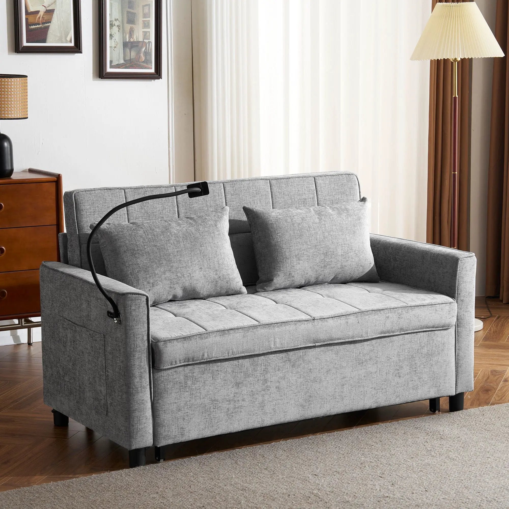 Pull-Out Sleeper Sofa With Reversible Backrest Cushion, Side Pockets, 2 USB Ports And A Phone Holder For Living Room by HouseOfZazla