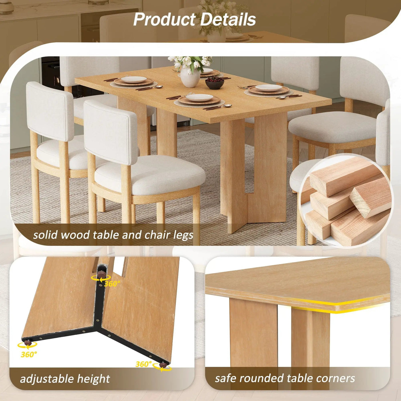 Dining Table Set With 6 Upholstered Chairs, Rectangular Table With Cutout Legs by HouseOfZazla