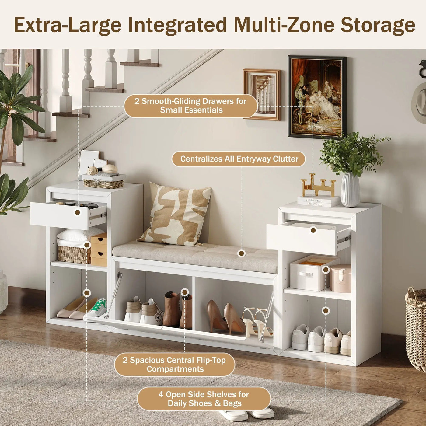 Entryway Storage Bench With Cushion, Drawers & Open Shelves by HouseOfZazla