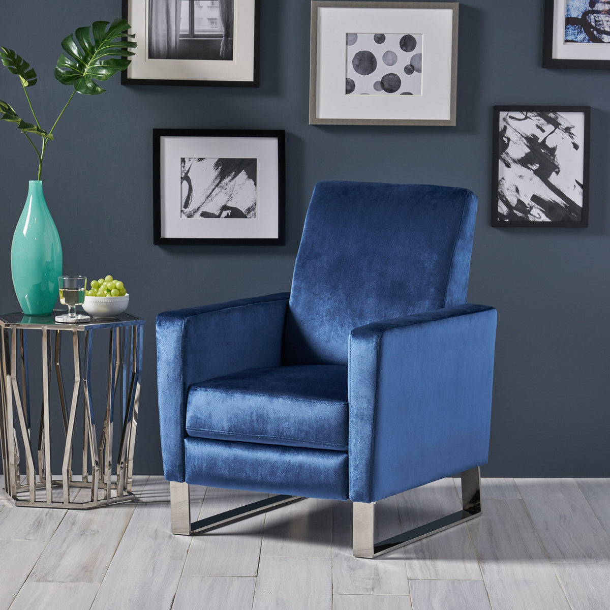 Velvet Push Back Recliner with Metal Legs - Emerald or Blue, photo 2 of 10