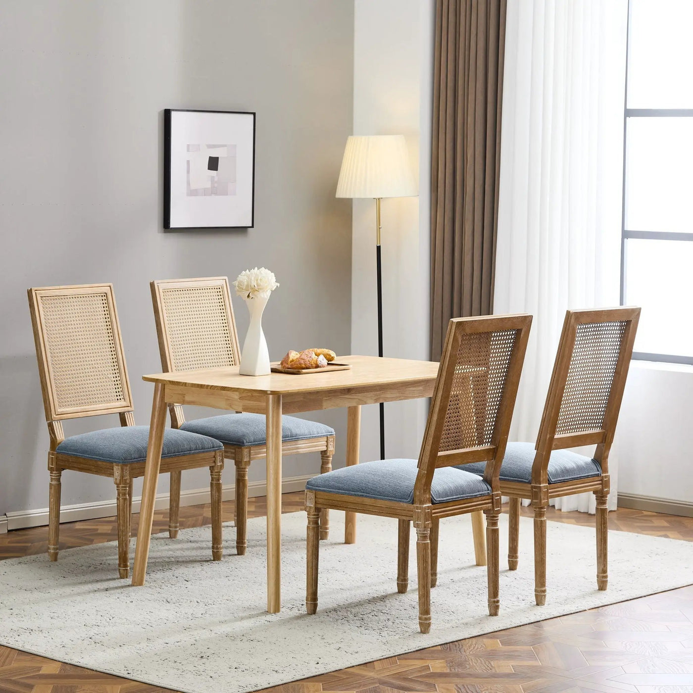 French Country Dining Chair With Rectangular Cane Backrest And Smooth Upholstered Seating by HouseOfZazla