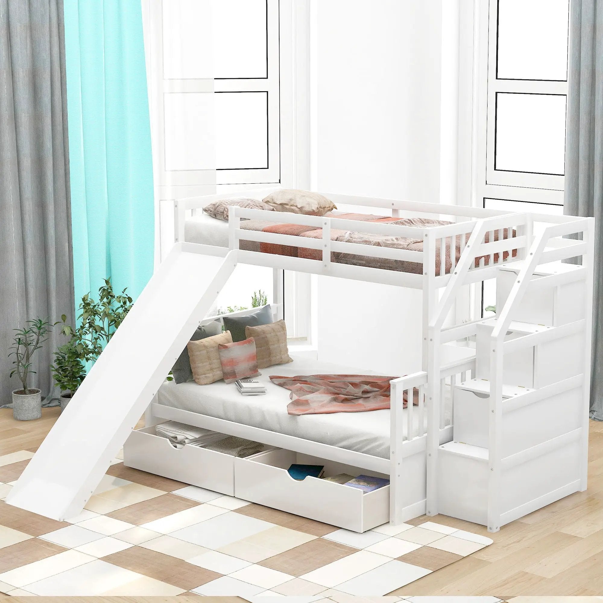 Bunk Bed With Storage Staircase, Slide, Desk, Drawers, And Shelves by HouseOfZazla