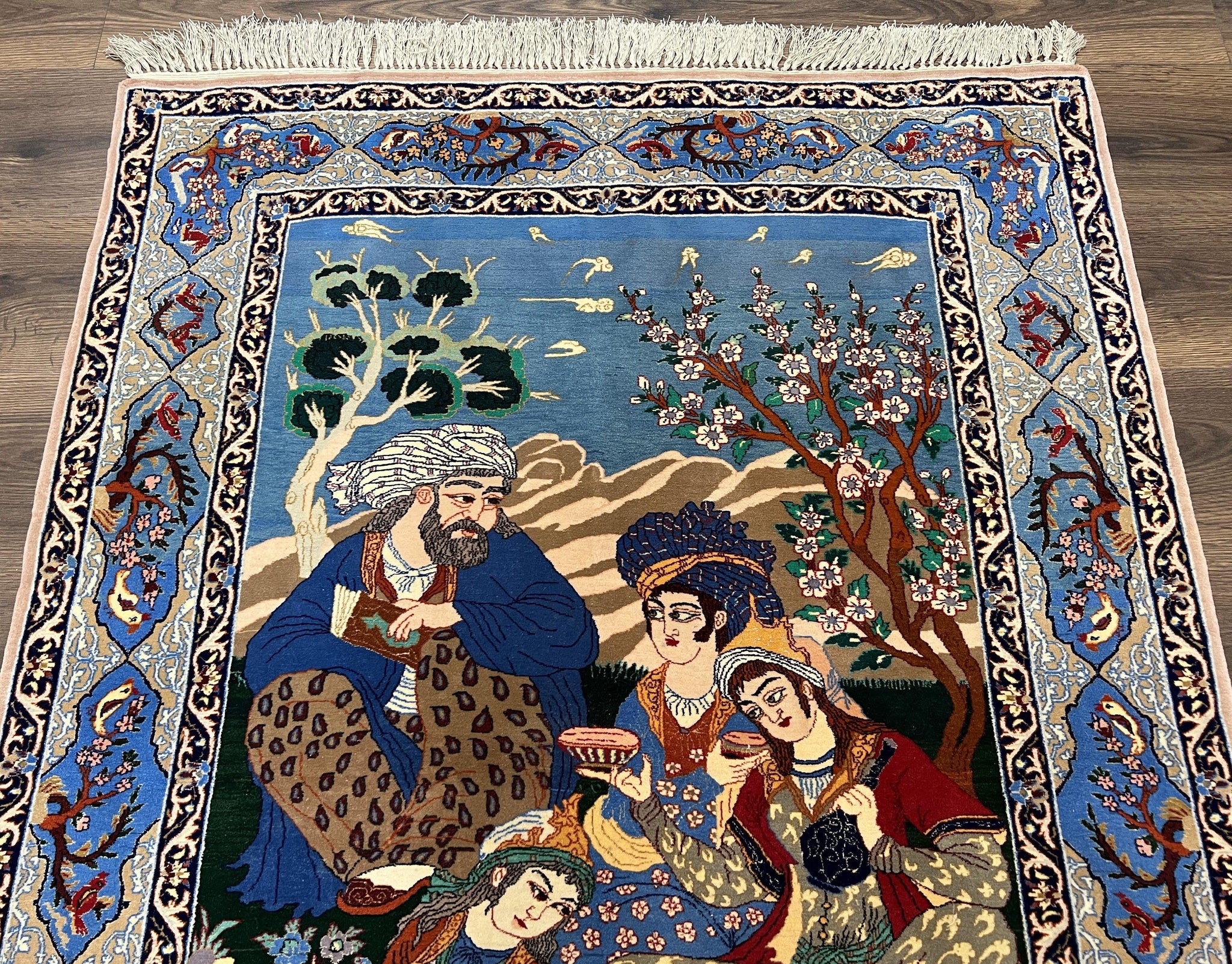 Fine Persian Isfahan Pictorial Rug 3.7 x 5, Kork Wool on Silk Foundation, Blue Persian Carpet, Hand Knotted, Humans Birds, High KPSI, Semi Antique by Jewel Rugs