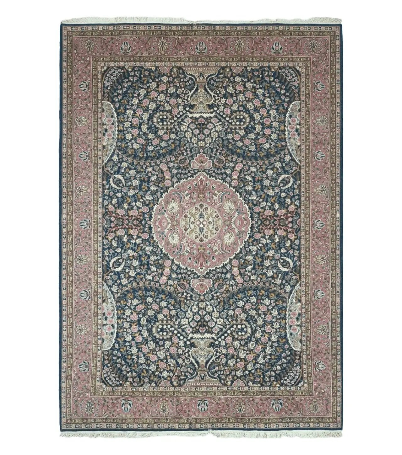 Turkish Sivas Rug 7x11, Navy Blue & Pink, Millifluer Floral Wool Carpet, Vintage by Jewel Rugs