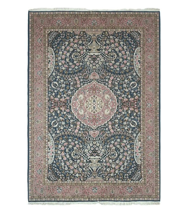 Turkish Sivas Rug 7x11, Navy Blue & Pink, Millifluer Floral Wool Carpet, Vintage by Jewel Rugs