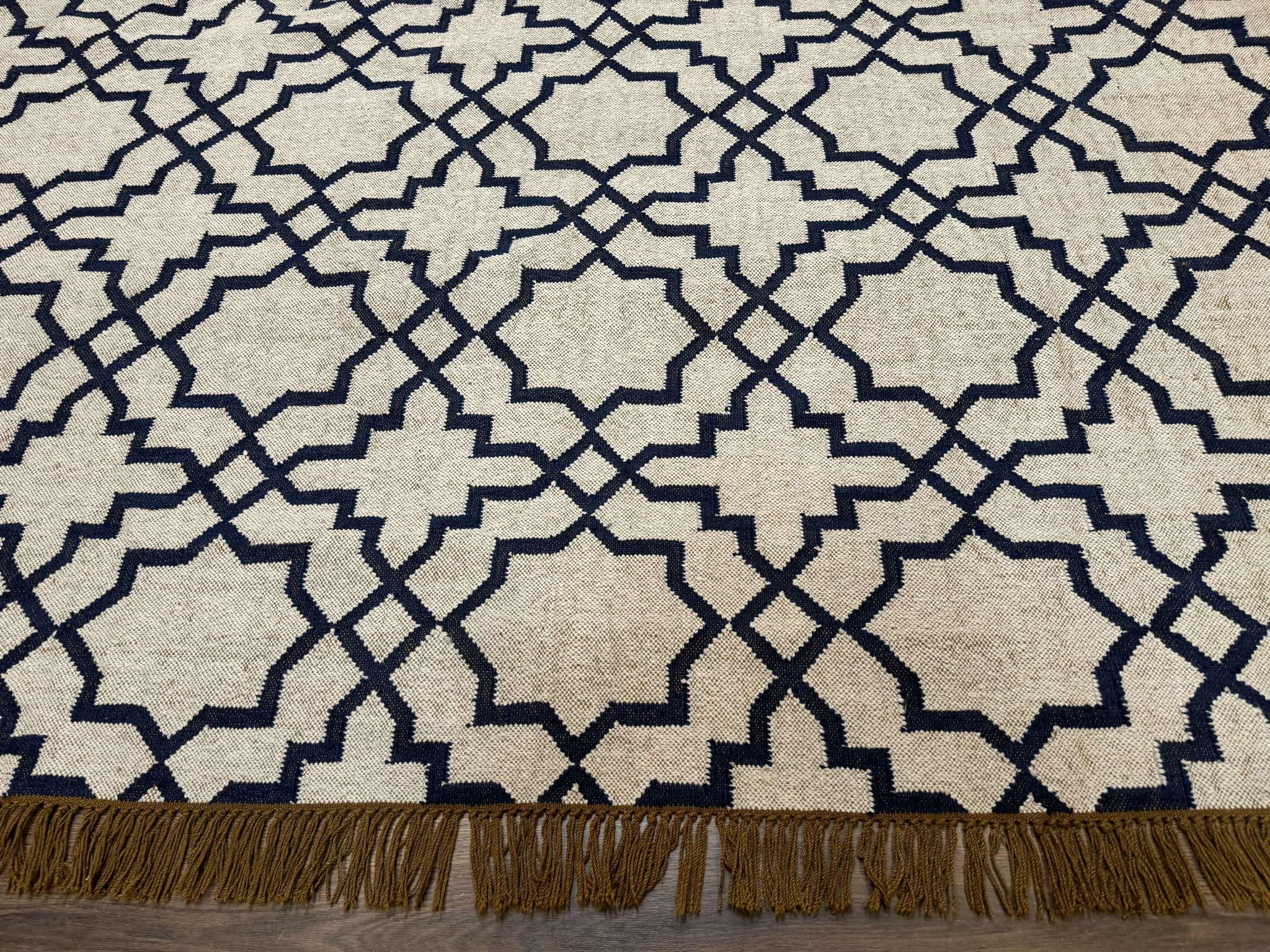 Indian Kilim Rug 8x10, Oat and Navy Blue, Dhurrie Carpet, Handmade, Wool by Jewel Rugs